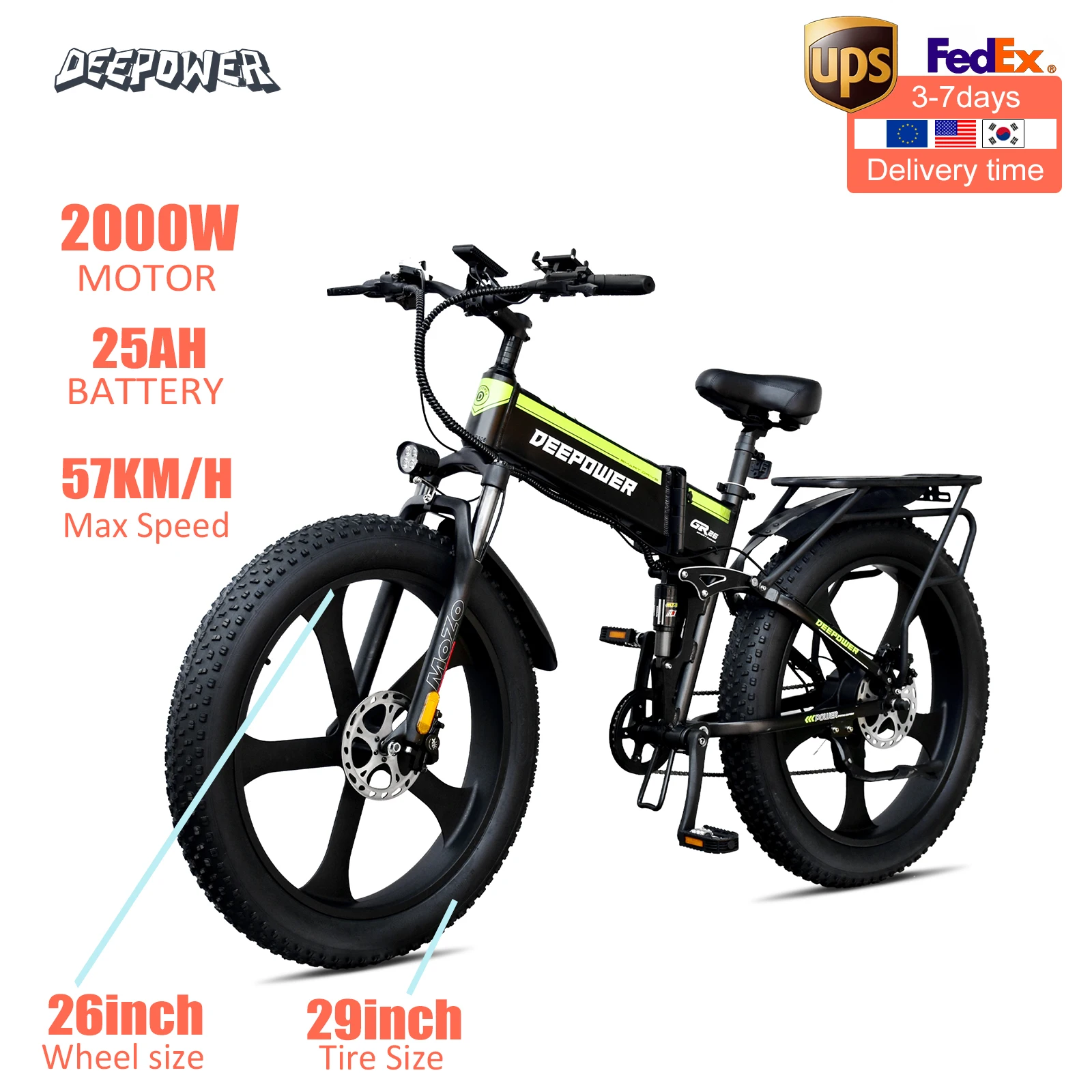 

DEEPOWER 26INCH Electric Bicycle 2000W 52V 20AH ebike fatbike electric bike Adult Mountain Electric Bike folding electric bike