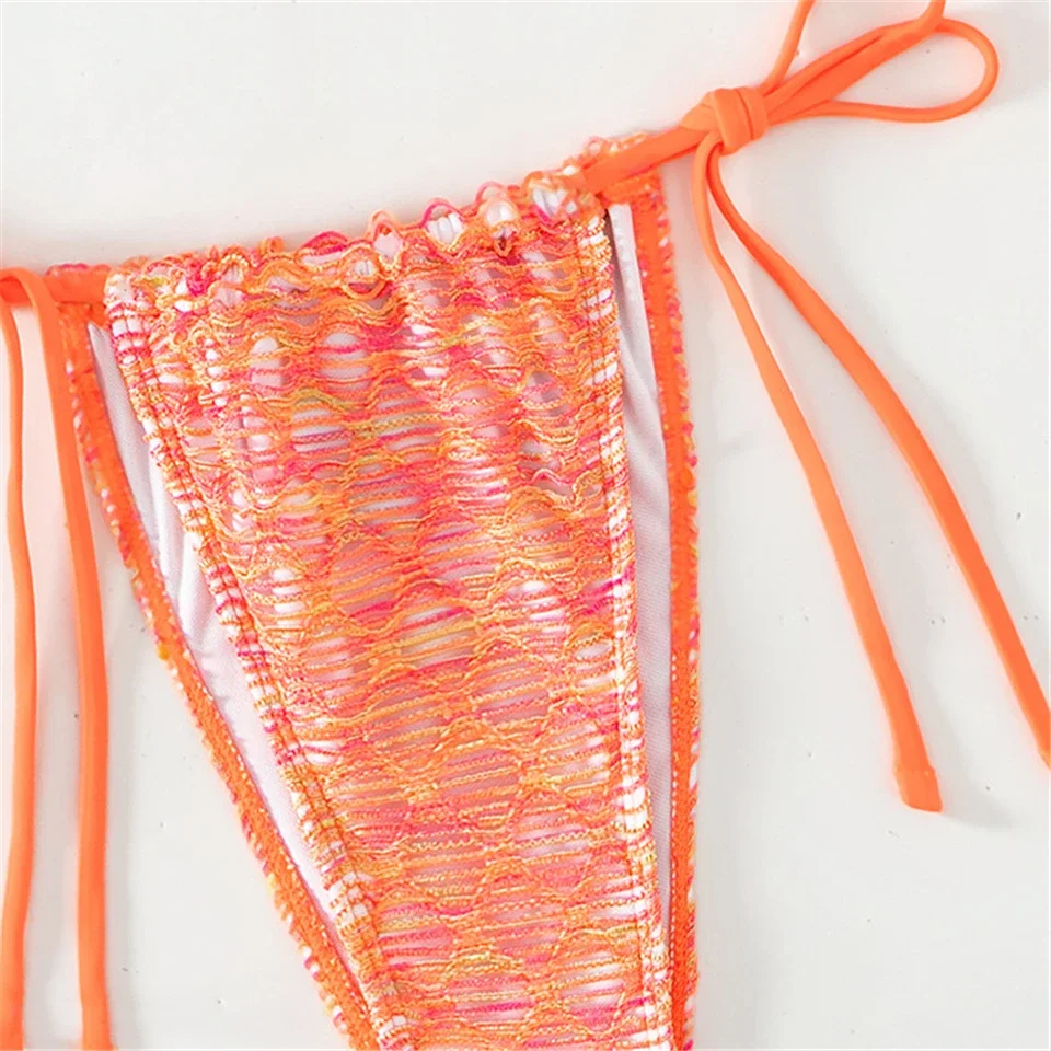 3 Pieces Lace Up Triangle Thong Bikini 2024 Women With Cover Up Swimsuit Female Swimwear Bathing Swimming Suit Beachwear Summer