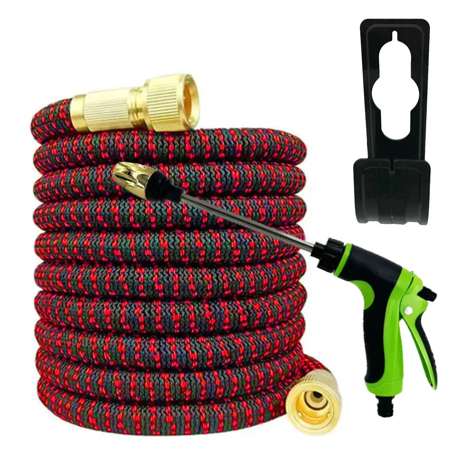 

Набор расширяемых шлангов в красно-черную полоску, зелено-черный распылитель с длинной штангой + латунный соединитель + подставка для хранения