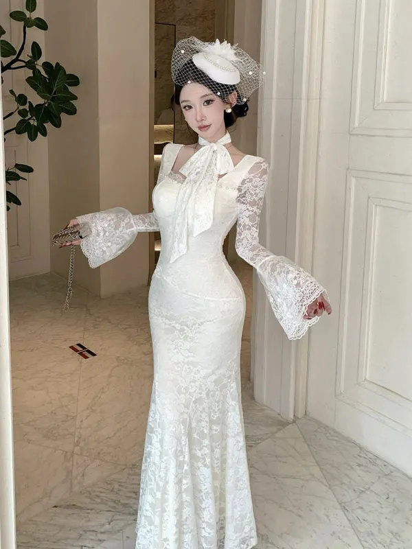 

Элегантное кружевное платье с длинными рукавами для важных мероприятий, облегающее, с завышенной талией, французский стиль, однотонное, из чистого хлопка