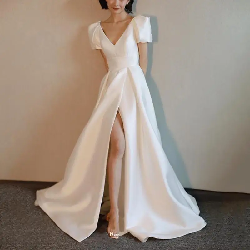 Satin Wedding Dresses With Short Sleeve V-neck Sexy Split Backless Bridal Dress Elegant Long A Line Vestidos De Novia Customized