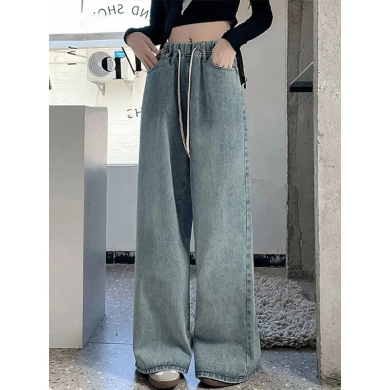 

Botvotee Эластичная талия Высокая талия Широкие джинсы для женщин Свободные прямые синие длинные джинсовые брюки Женская мода Уличная одежда Джинсы