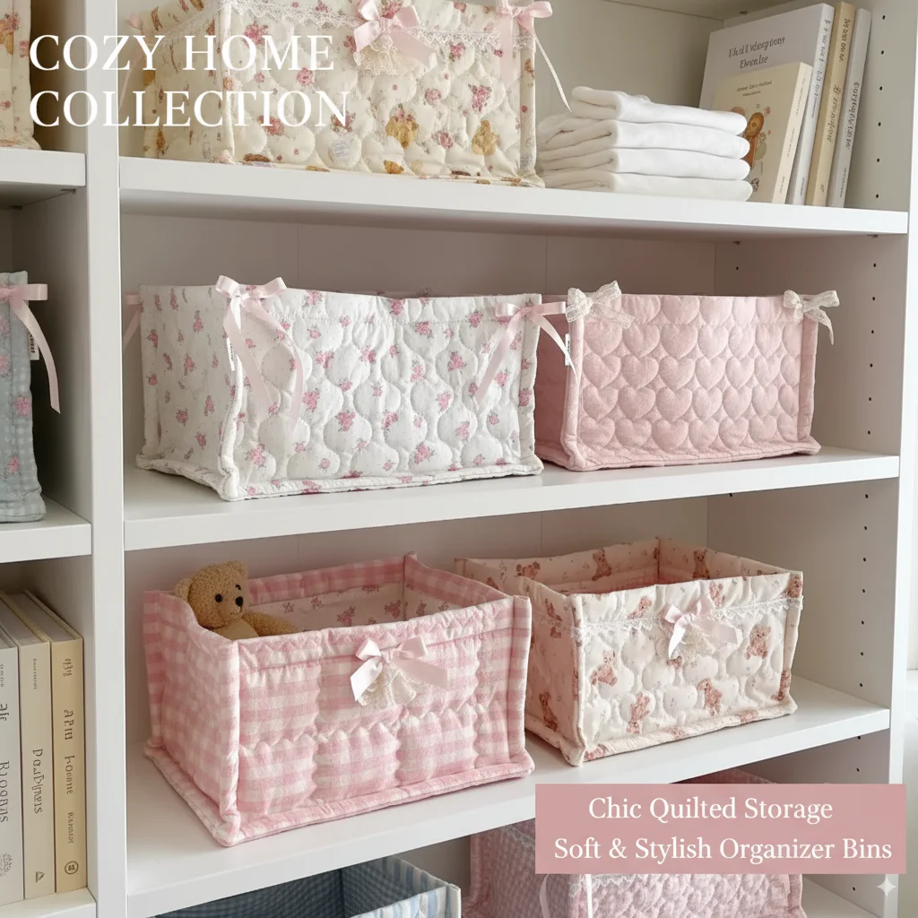

Korean Style Quilted Storage Basket Square Desktop Organizer Fabric Storage Box Cute Checkered Basket for Home Decoration Suppli