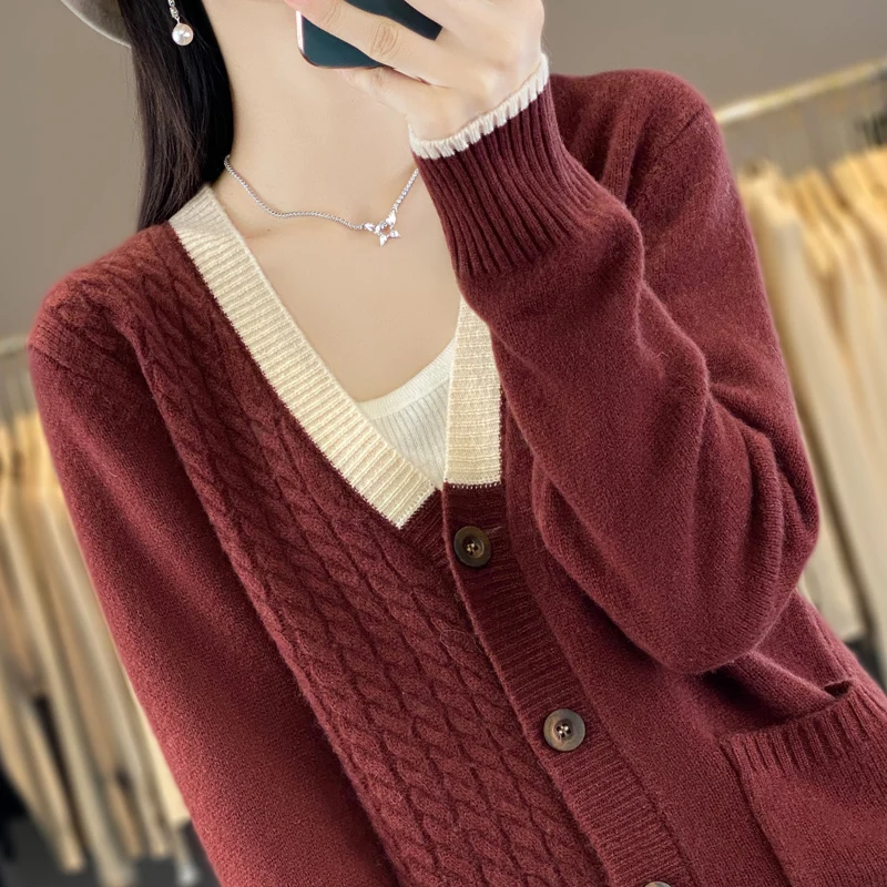 Two Tone Splicing Style 100% Merino Wool Female Style Knitted Cardigan Long Sleeve Autumn And Winter Clothes Fashion Sweater Top