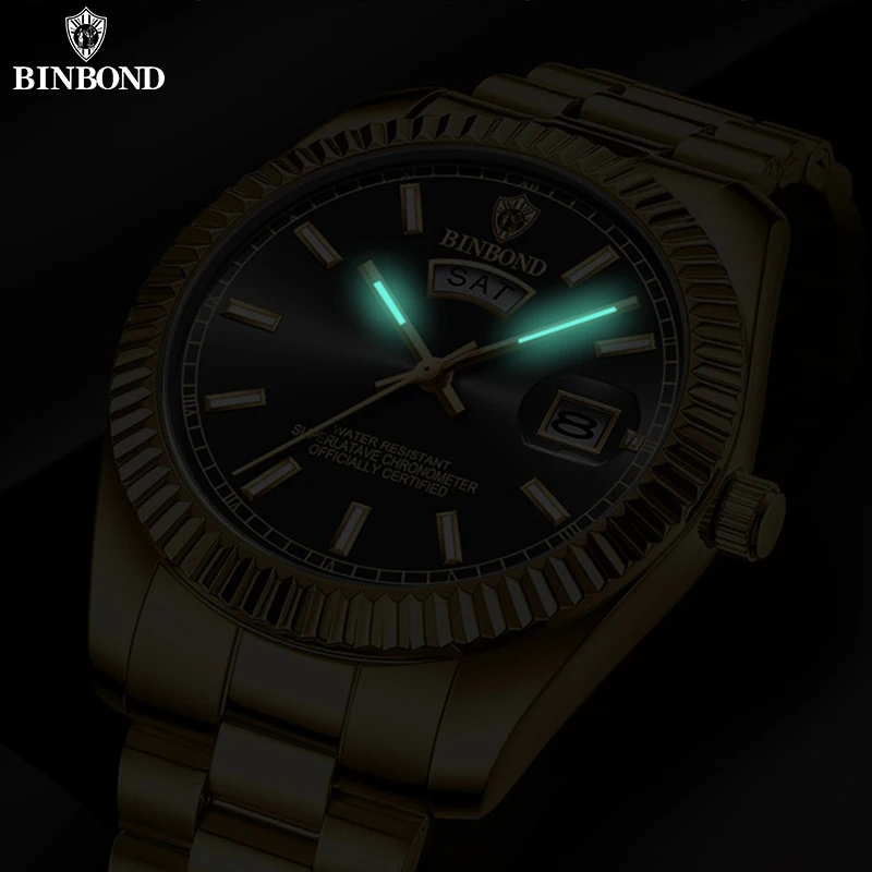 Reloj de cuarzo BINBOND para hombre, marca deportiva, acero inoxidable resistente al agua, fecha y día, pulsera 4