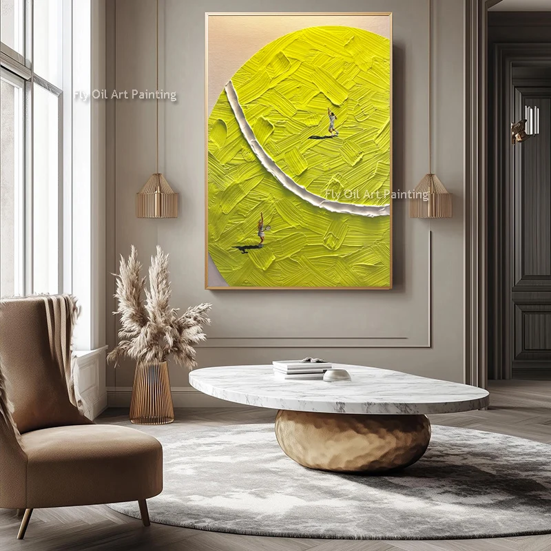 New Hand Drawn Golden Yellow Beige Original Home Wall Art Items Large Simple Abstract Green Beige Land Oil Painting For Decor