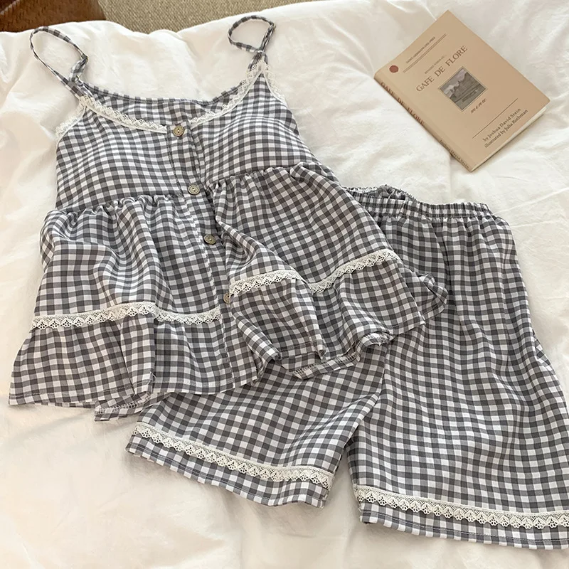 

Suspender Pajamas Women's Summer Day 2026 New Plaid Sexy Belt Chest Pad Sweet Cotton Loungewear