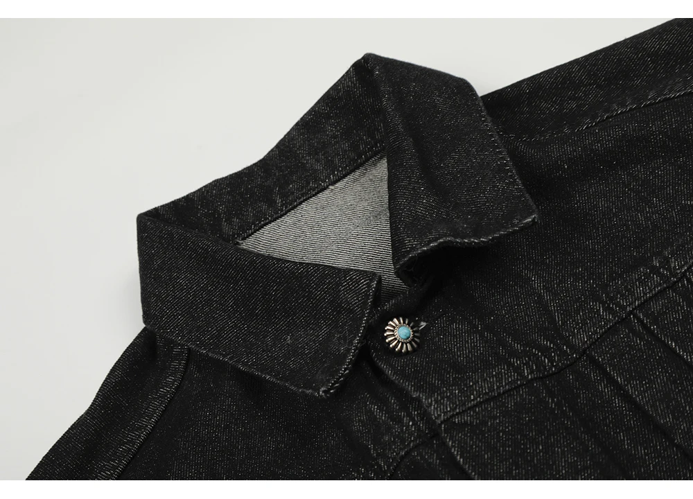 Herren Vintage-Jeansjacke mit Flugzeug-Schnalle, Türkis-Knopf-Mantel, lässige amerikanische Retro-Streetwear, schwarze kurze Oberbekleidung – Detail 6