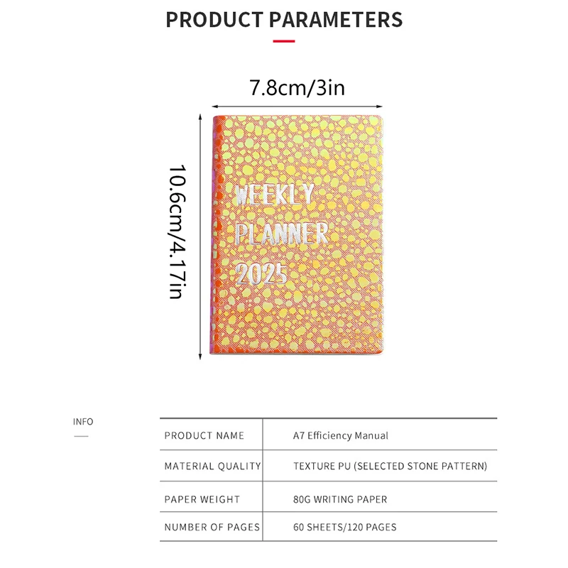 2025 Mini English Calendar Creative Colorful Laser Stone Pattern Plan Notebook Portable Pocket Notebook A7