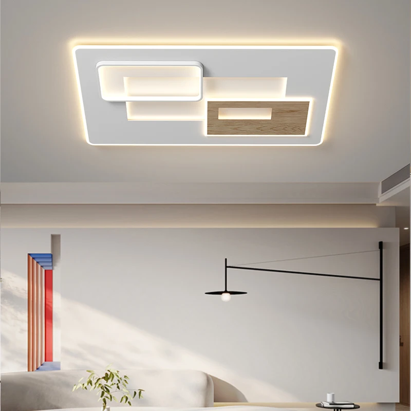 

Minimalist Nordic Rectangular Living Room Ceiling Light White Wood Grain Chandeliers Creative Study Bedroom Ultra-thin LED Lamps