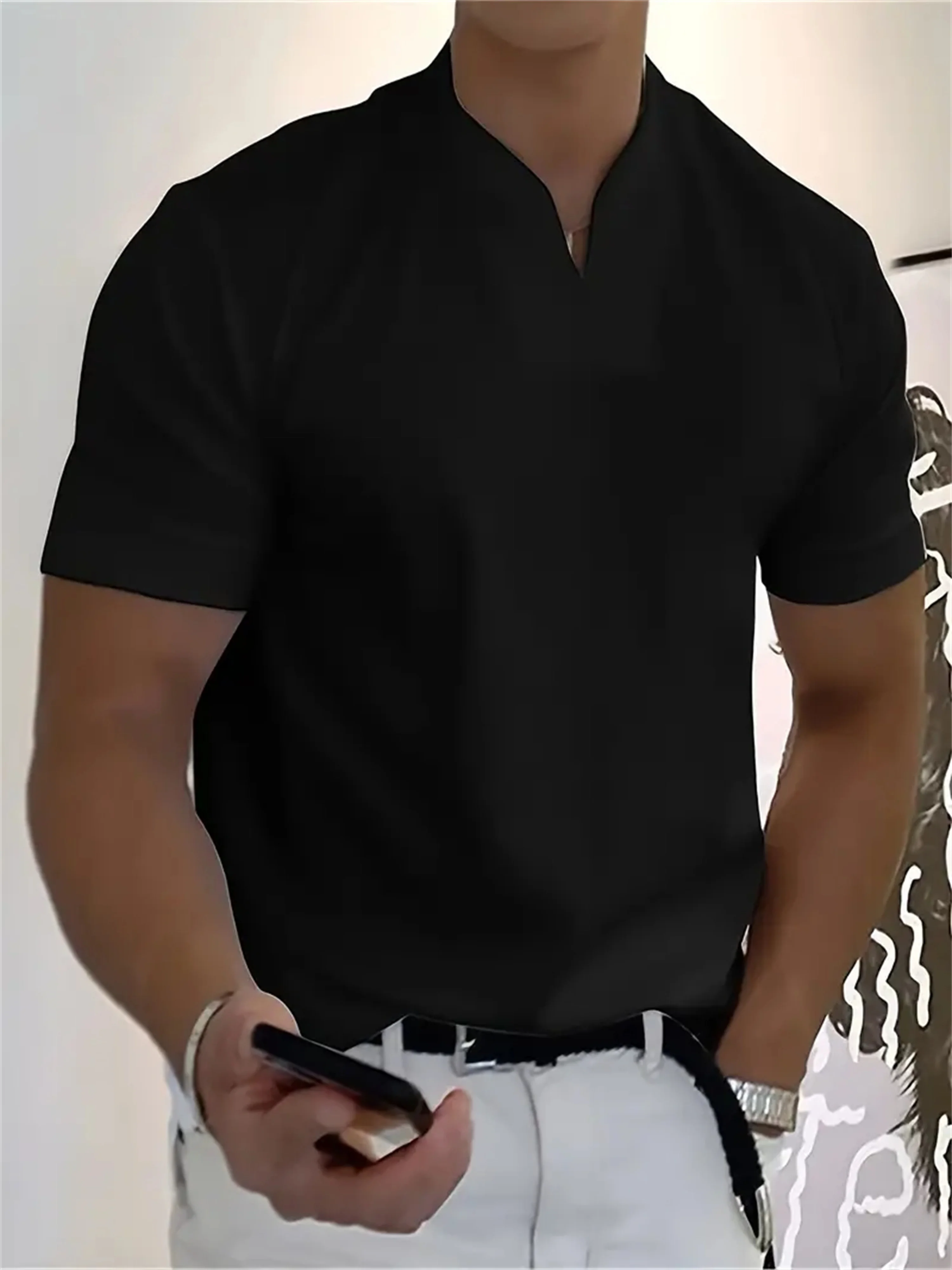 Pop 2025 New Men T-shirt Fashion V-neck Design Slim Fit Solid Color Men's T-shirt Tops Tees Short Sleeve T Shirt For Men