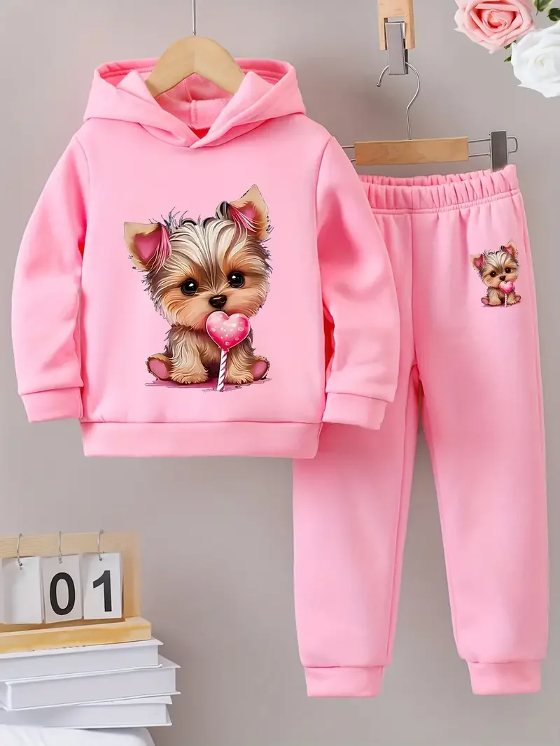 Ensemble de sweat à capuche pour enfants, printemps et automne, loisirs, sports de plein air, animal de compagnie, imprimé cœur de chien, 4T-14T