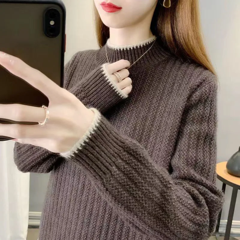 New Autumn and Winter Fashion Lazy Style Colored Half High Neck Loose Versatile Western Women\'s Long Sleeve Knitted Sweater