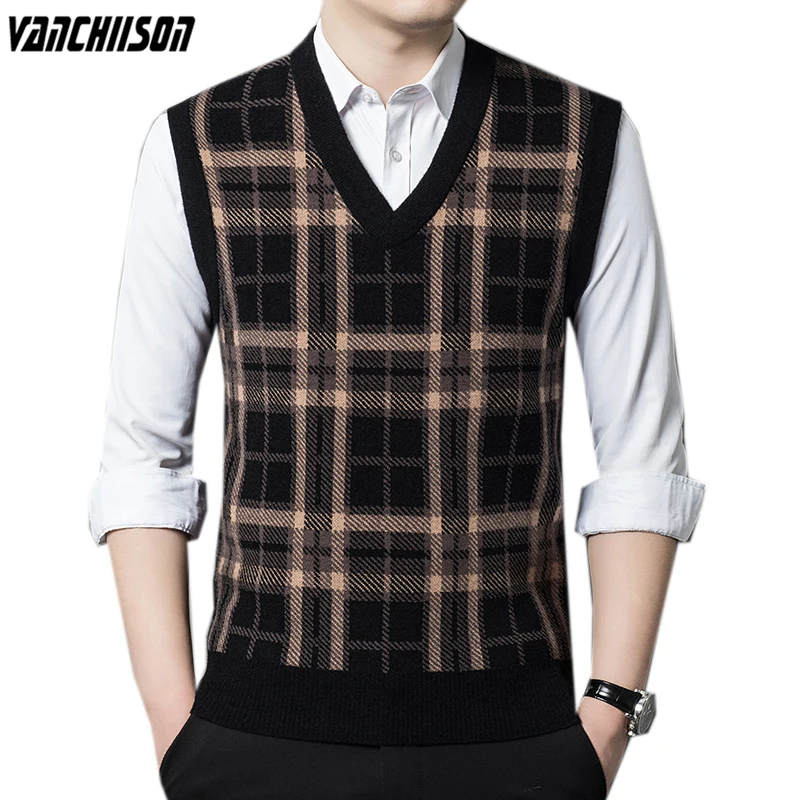 Men 14% Wool Knit Tank Sweater Jumpers Sleeveless Plaids Retro Vintage Casual for Autumn Winter V Neck 00948