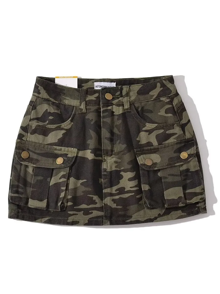 Women's Camouflage Cargo Denim Mini Skirt Y2K Gyaru Vintage Bodycon A-Line Skort High Waist Mini Cowboy Skirt for Women Summer