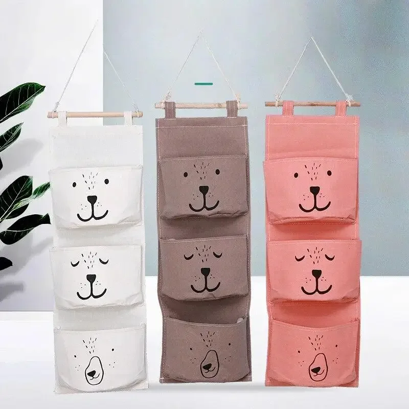 3 Pockets Cute Wall Mounted Storage Bag Closet Organizer Clothes Hanging Storage Bag Children Room Pouch Home Decor