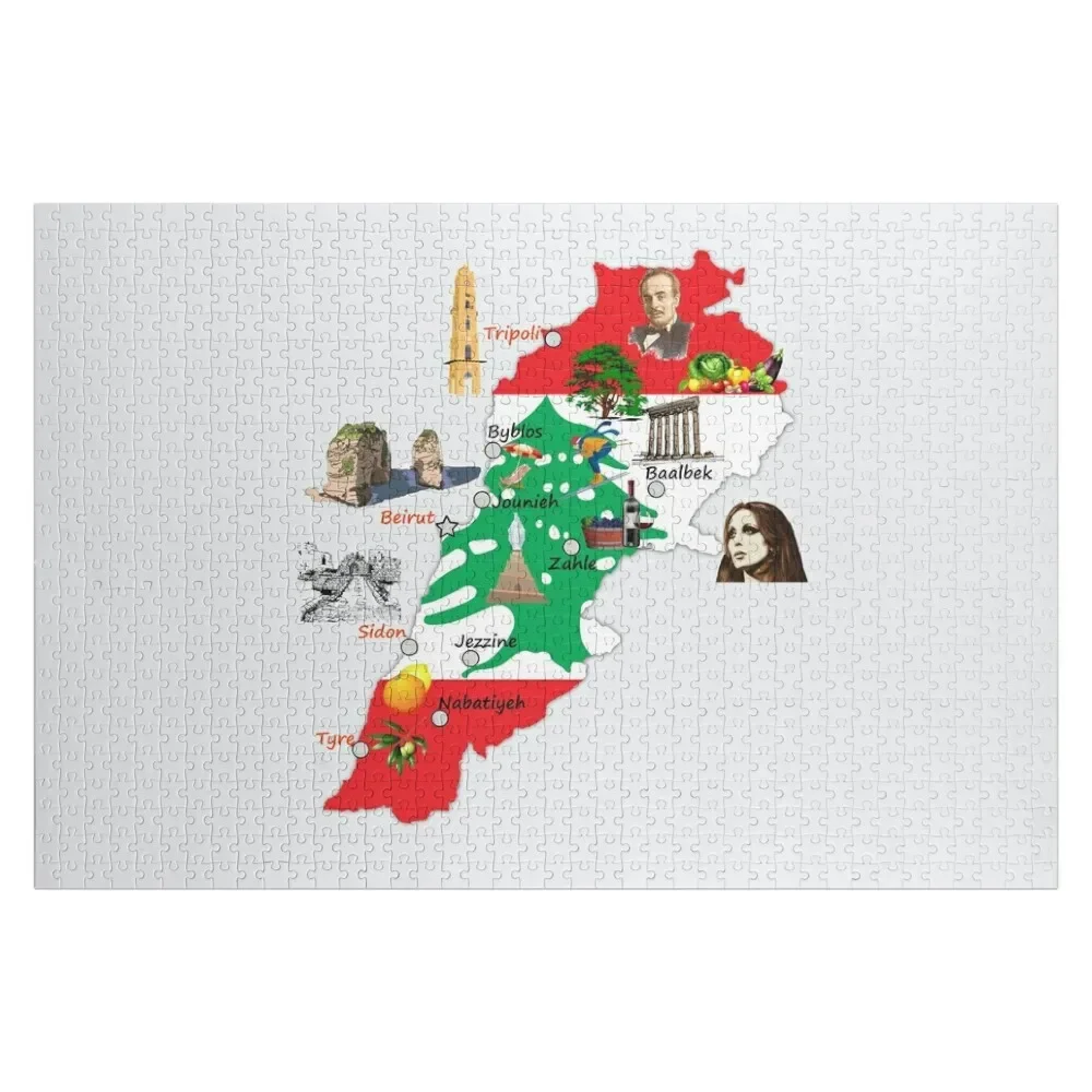 

Flag map of Lebanon, major cities names Lebanese national symbols and landmarks Jigsaw Puzzle Woods For Adults Wood Name Puzzle