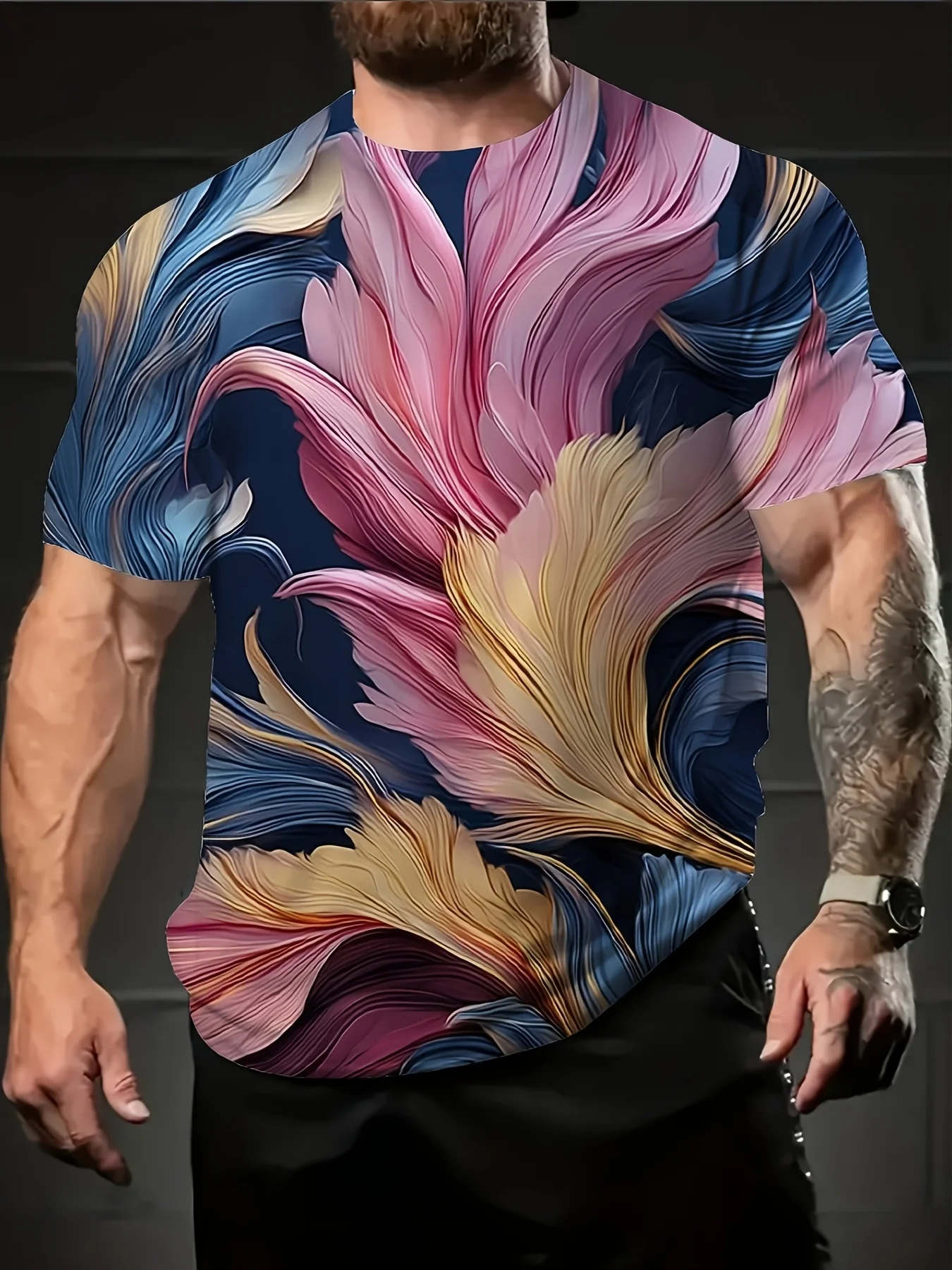 Men Gradient Pink Blue Golden Feather Fluid Print Short Sleeve Crew Neck Casual T-shirt