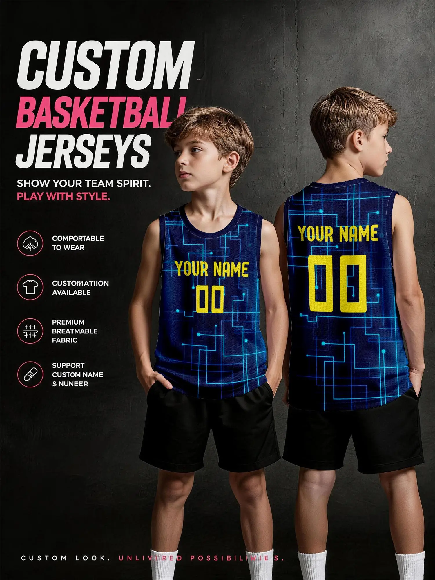Dark‑Blue Circuit Pattern Custom Basketball Jersey, DIY Name & Number, Breathable Quick‑Dry Set For Adults & Kids