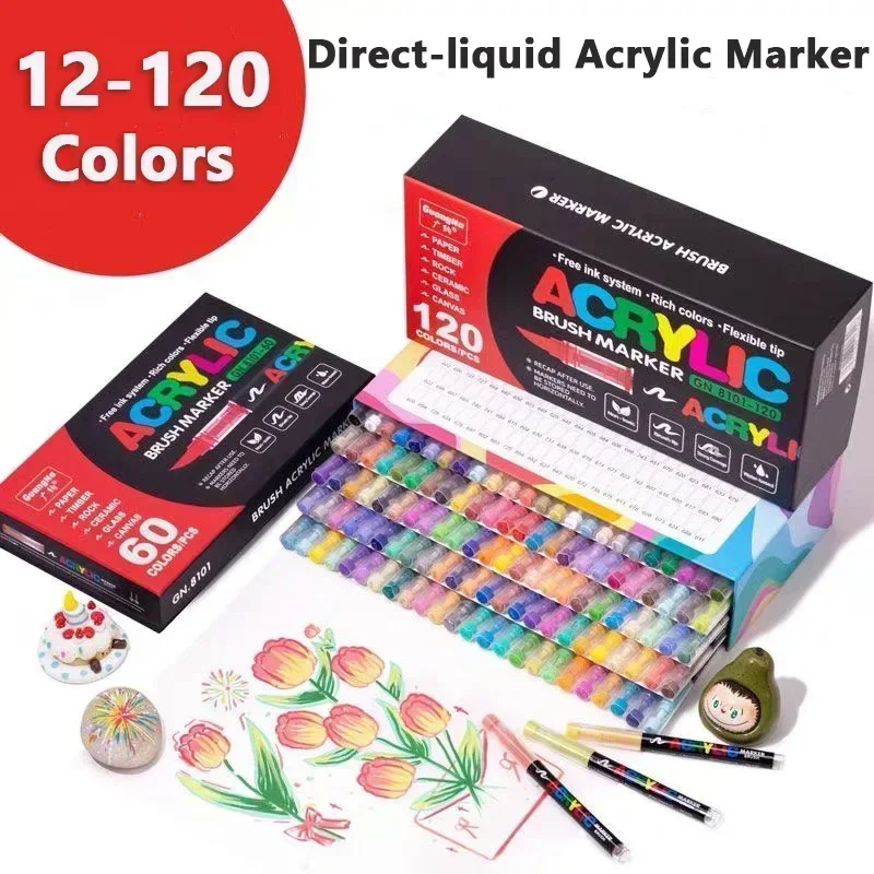 12-168 Colors Direct-liquid Acrylic Marker Paint Brush Marker Pens for Rock Painting Stone Ceramic Glass Stationery Art Supplies