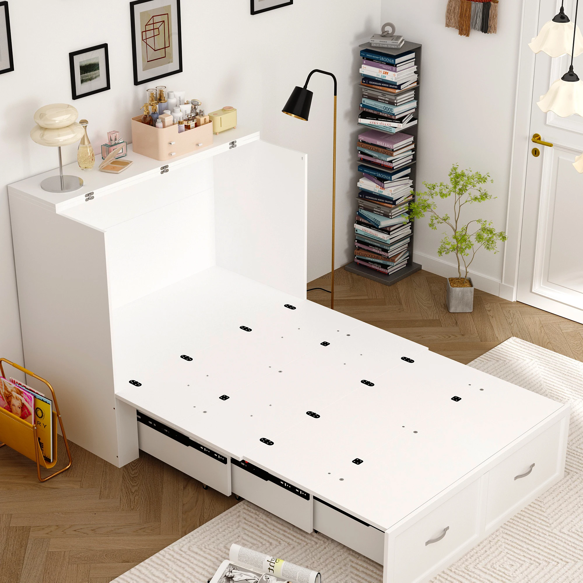 سرير FUFU&GAGA Murphy مع أدراج تخزين، خزانة سرير قابلة للطي 2 في 1 مع شريط طاقة مدمج لغرفة النوم وغرفة الضيوف، أبيض