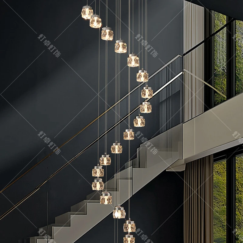 Nordic minimalist crystal chandeliers, staircase-style chandeliers, double-floor rotating minimalist single-letter crystal chand