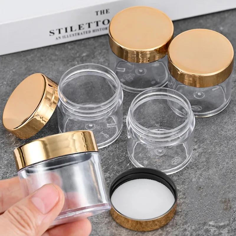 8pcs Empty Storage Jars Gold Cover Cosmetic Nails Powders Food Containers Travel Bottle Clear Plastic Jar Face Cream Sample Pot