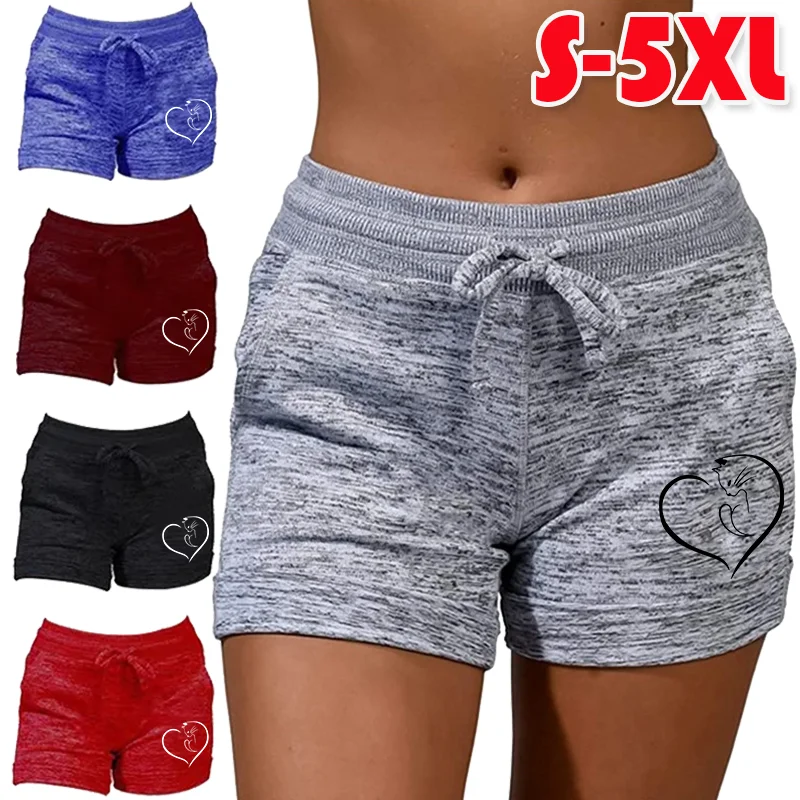 Women's cute cat printed beach shorts, summer quick drying sports and fitness shorts, high waisted yoga shorts