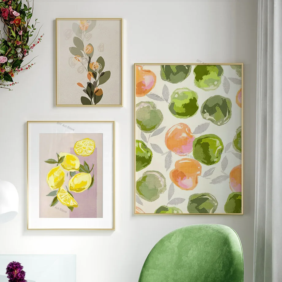 Retro Lemon Orange Peach Cherry Abstract Fruit Gallery Poster And Prints Wall Art Canvas Painting Pictures For Living Room Decor