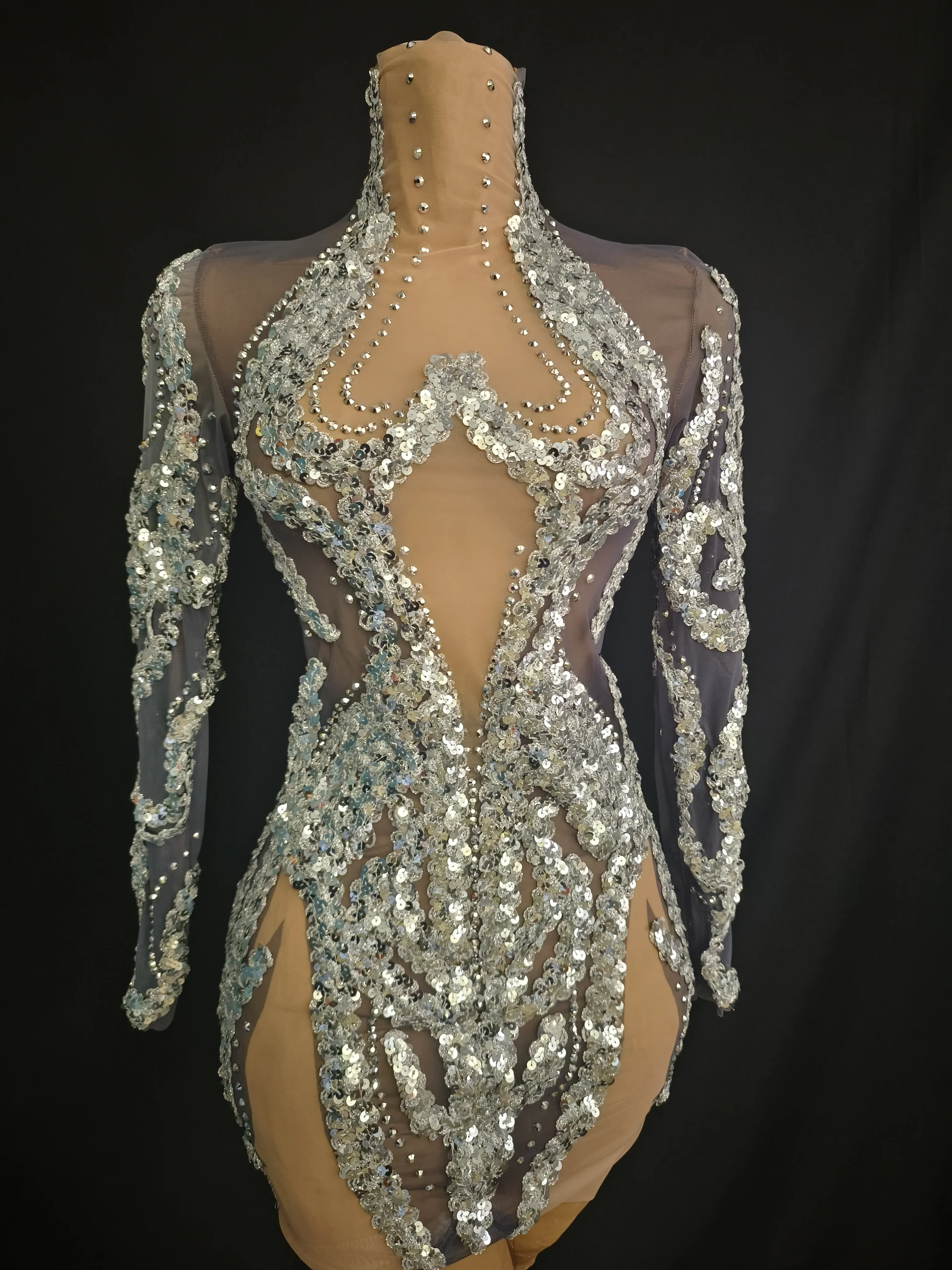 Vrouwen Print Strass Mesh Bodycon Mini-jurk Lange mouw Coltrui Avondfeest Verjaardag Fotoshoot Jurk Toneelkostuums