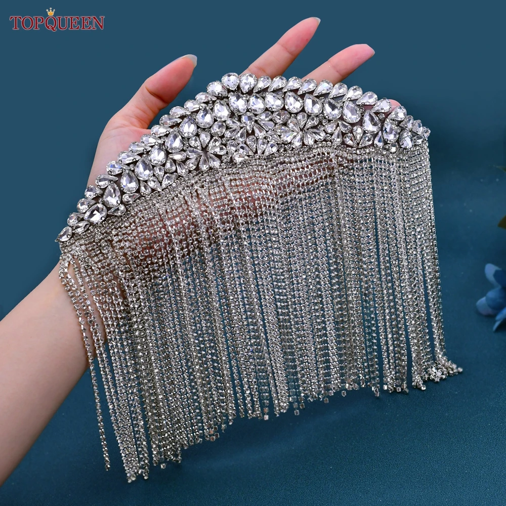 TOPQUEEN SP48 3D Rhinestones Beaded Tassels Patch Epaulettes Sew Clothes Dress Gown Bridal Wedding Shoulder Accessories Handmade