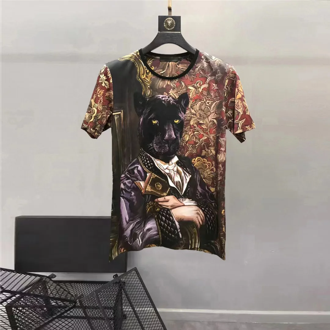 

European and American men's 2023 summer new Round neck and short sleeves fashion Cartoon Panther print T-shirt