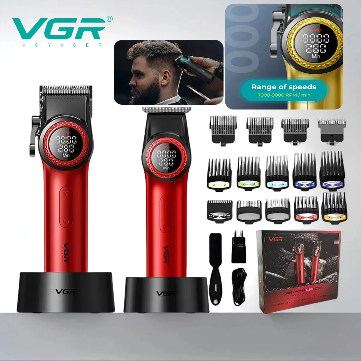 Vgr 001 977 novo conjunto de corte de cabelo high-end máquina de cortar cabelo masculina display digital inteligente empurrador elétrico escultura e branqueamento
