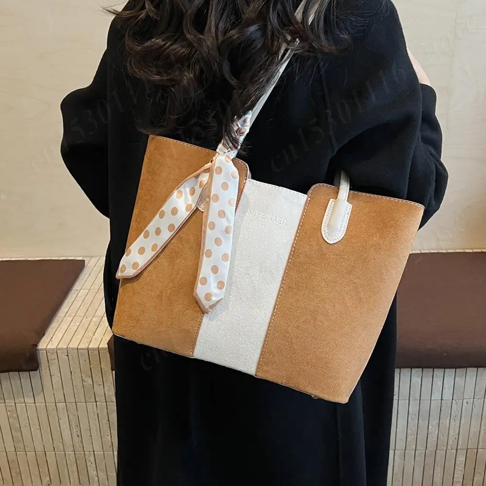 

Women Faux Suede Tote Handbag Fashion Underarm Pouch Splicing Design Shoulder Bag Large Capacity Travel Shopping Top-Handle Bags