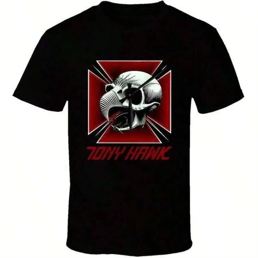 Printed pattern cotton T-shirt with cartoon round neck short sleeves. Tony Hawk black T-shirt. Y2K loose-fitting shirt for men.