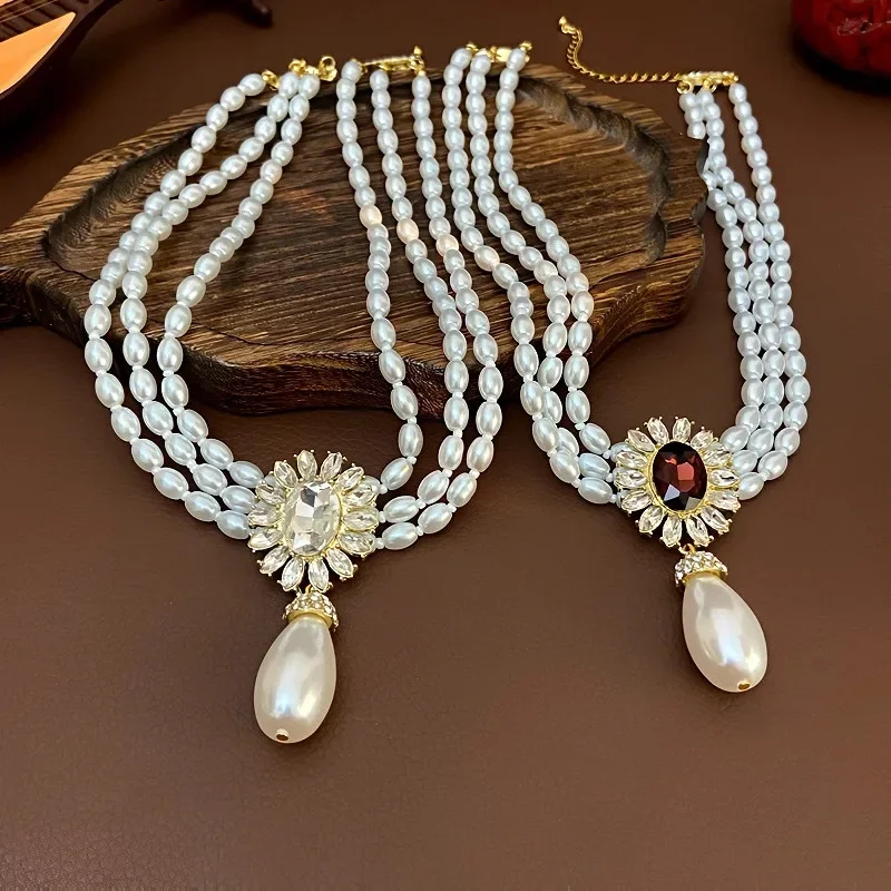 진주 목걸이 웨딩 신부 쥬얼리 꽃 상감 라인스톤 드롭 크리스탈 초커 귀걸이 목걸이 여성용