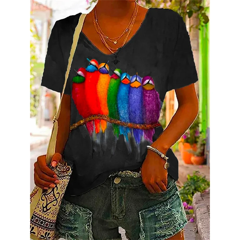 Women Tshirt Summer Colorful Print Gradient Clothing V Neck Short Sleeve Animal Tops Streetwear Fashion Oversized Girls T-Shirts