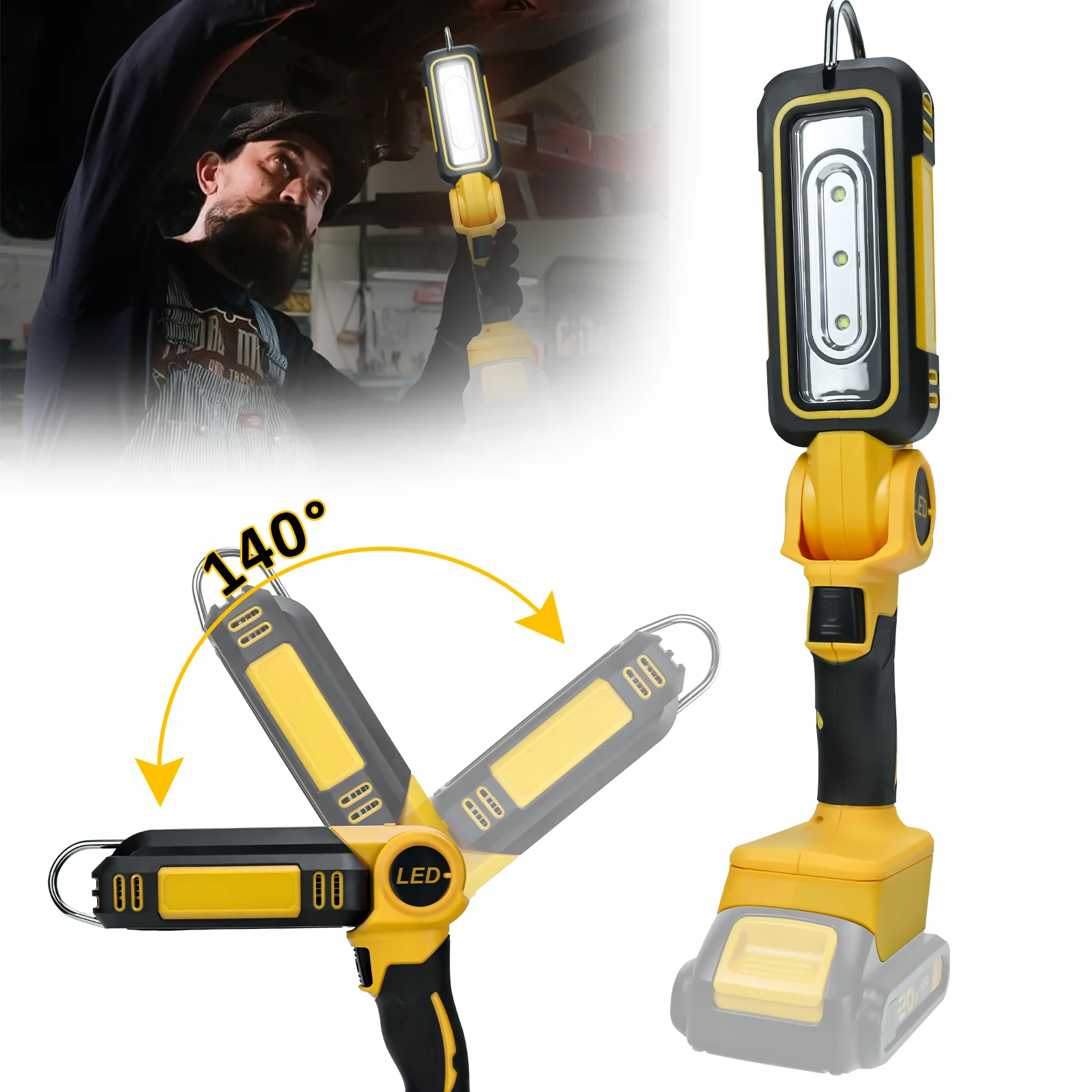 300W Cordless LED Work Light for Dewalt 20V Battery Two Levels Adjustable Up to 1200LM 140 Degree Rotating Wide-Angle Lighting