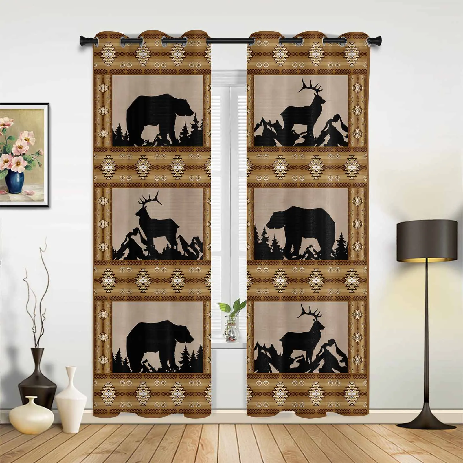 Geometric Pattern Of Bear Deer Window Curtains Printing Curtains for Living Room Modern Design Bedroom Decor Drapes