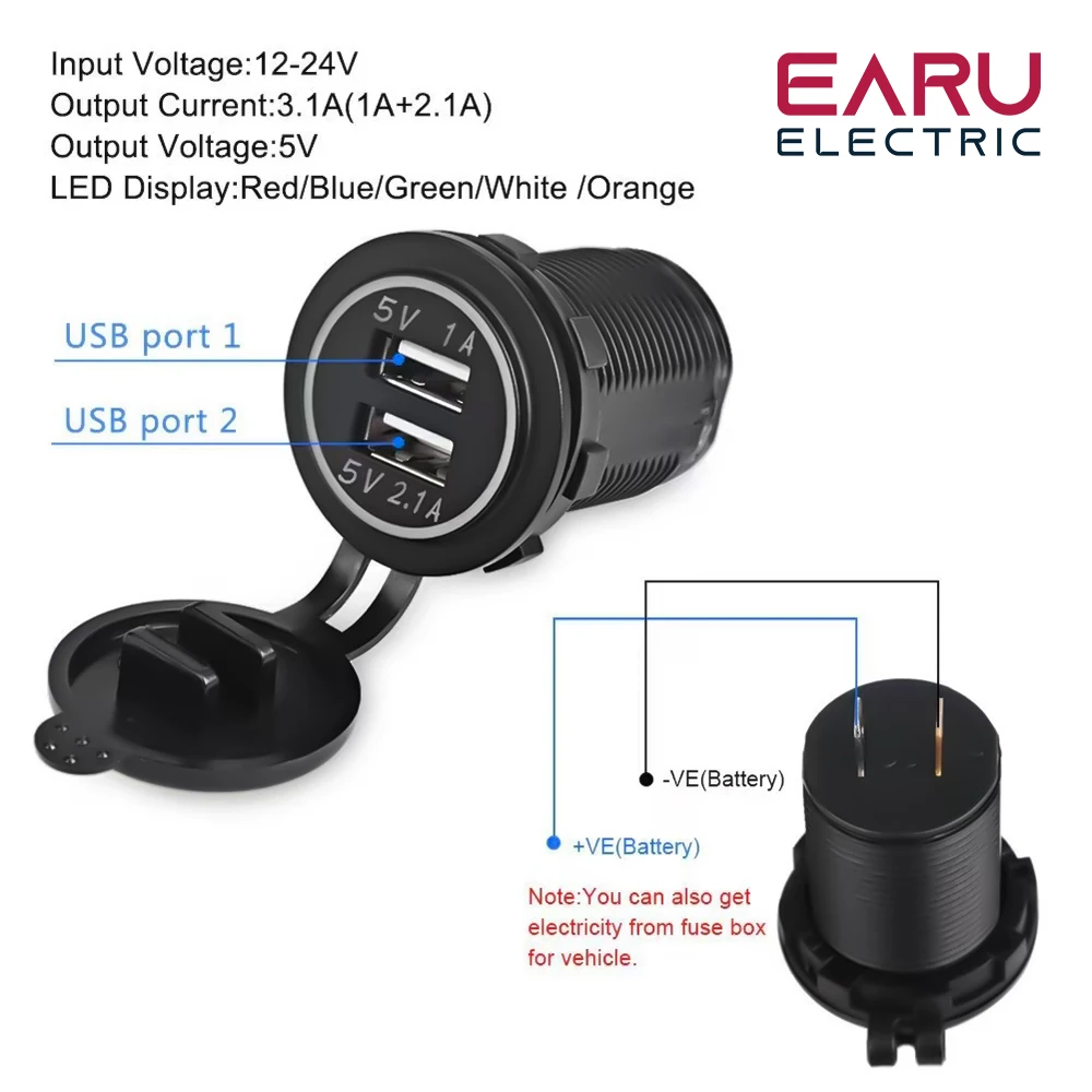 12V-24V Dual USB Car accessories 5V 3.1A Car Charger with Panel Waterproof Power Adapter Socket Outlet for Car Marine Motorcycle