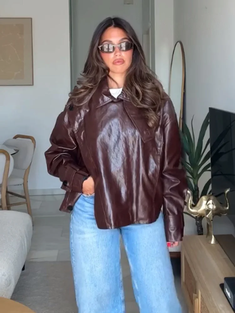 

HH Female 2025 Autumn Fashion Gloss Leather Long Sleeves Jacket Woman Vintage Turn Down Collar Asymmetric Casual Coat Mujer