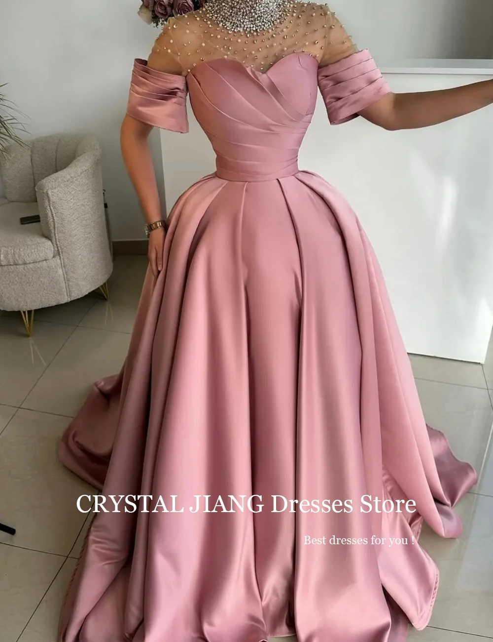 Luxury Long High Neck Pearl Beaded Satin Prom Dresses Short Sleeves A Line Sweep Train Vestidos De Formatura