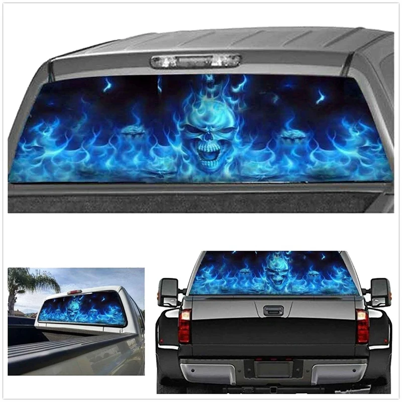 Prominent 2X One Way Vision For Suv Pickup Blue Flaming Skull 3D Rear Windshield Decal Sticker Decor Rear Window Glass Poster