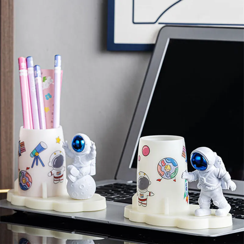 Cute Pencil Bracket Pen Holder Stationery Container Student Desk Organizer Brush Pot Astronaut Statue DIY Sticker for Boys Girls