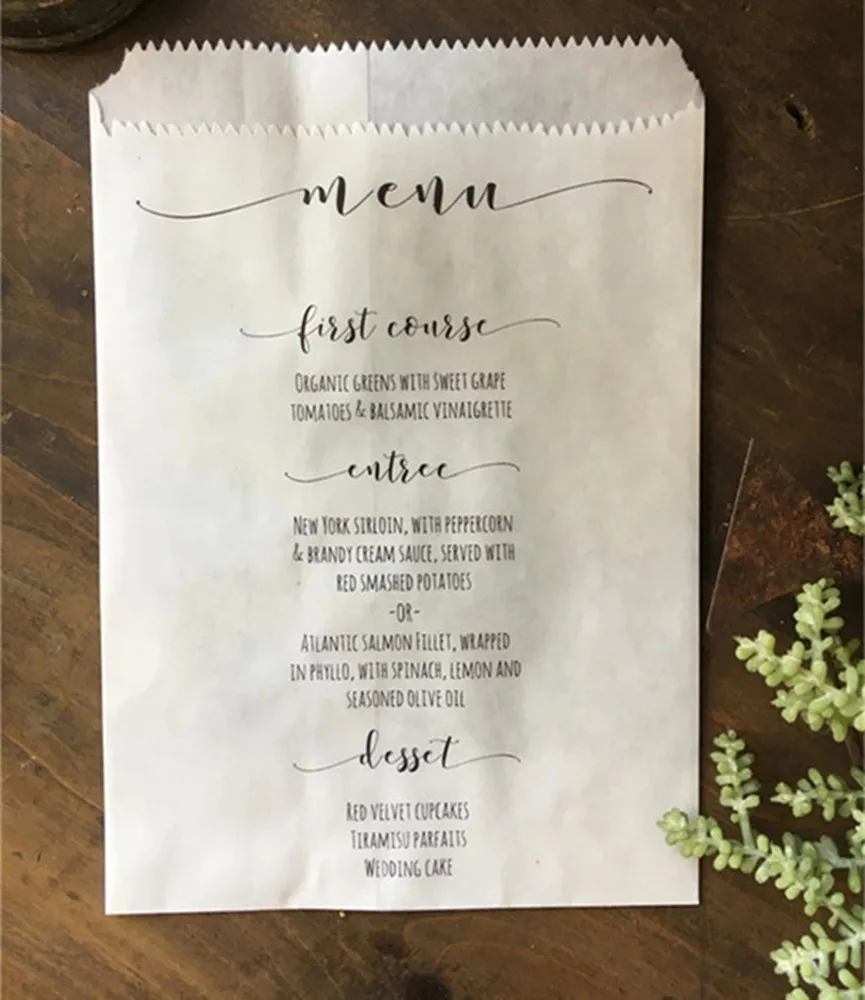 

50 Wedding Menu Bags, Bread Bags, Wedding Favor Bags, Utensil Bags, Wedding Reception Table Decor, Custom Menus Printed for You,