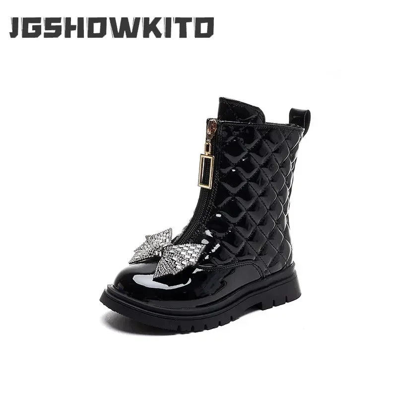 2024 New Black Ankle Boots Children Flat Bottom Princess Rhinestone Bow Front Zip Casual Glossy Kids Fashion Girls Chelsea Boots