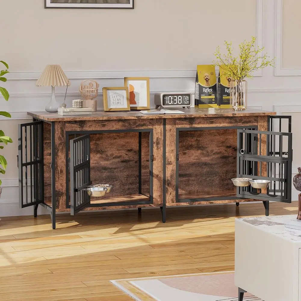 

Деревянный вольер для собак на двоих с местом для хранения и поворотными мисками, подходит для гостиной, 62.9Д x 23.6Ш x 27.9В (дюймы)