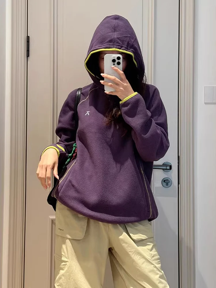

ex Outdoor Warm Fce Hoodie Casual Contrast Color Mountain Series Autumn Winter Thermal Hooded Top for Couples