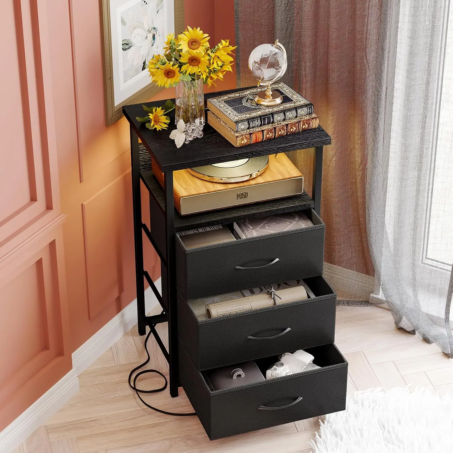 Night Stand with Charging Station, LED Nightstand with U-S-B Ports and Outlets, 3 Fabric Storage Drawers with PU Finish, Beds