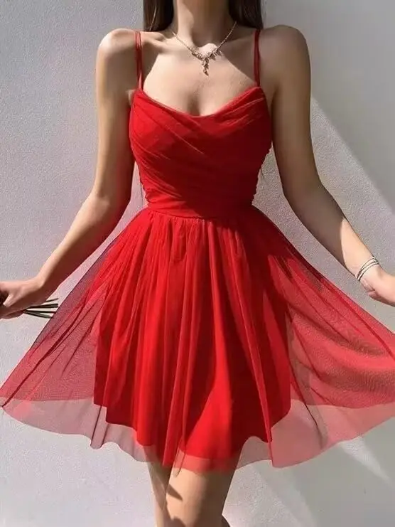 Tulle Homecoming Dresses for Teens Short Prom Dress Spaghetti Straps Ruched Cocktail Gowns Above Knee, Mini Cocktail Dresses